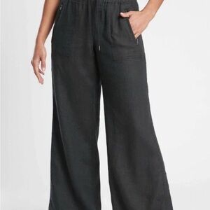 Athleta Linen Wide Leg Pants Black Drawstring Lightweight Zip Pockets